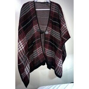 Nina Leonard Women's Cape Sweater Medium Poncho Maroon Black Plaid Front Closure